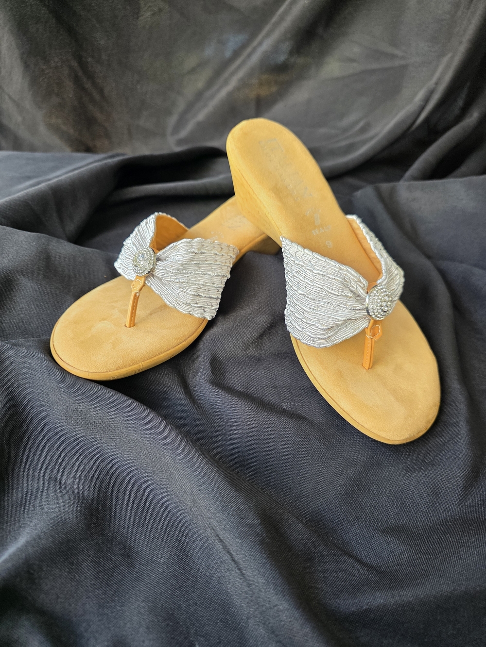 Italian Shoemakers Silver Beaded Tan Wedge Thong Sandals
